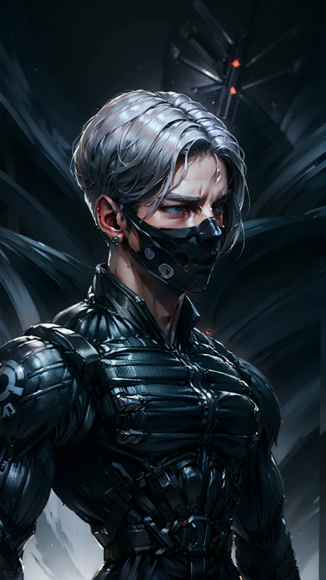 {best quality, 8k, masterpiece}, (realistic), [[male]], [[white hair]], ((middle part haircut)), (earrings), (mask)