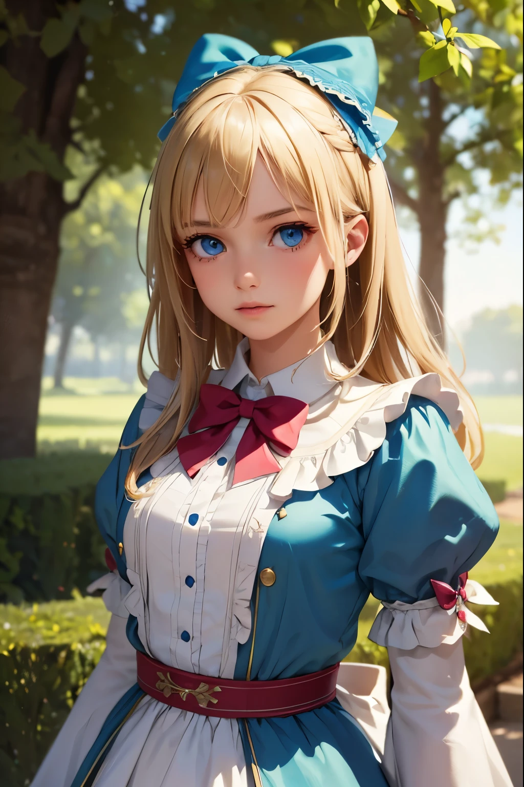 1girl, masterpiece, best quality, 8k, detailed skin texture, detailed cloth texture, beautiful detailed face, intricate details, ultra detailed, Alice in Wonderland, (a bow on her head:1.1), upper body, blonde hair, blue eyes, full body