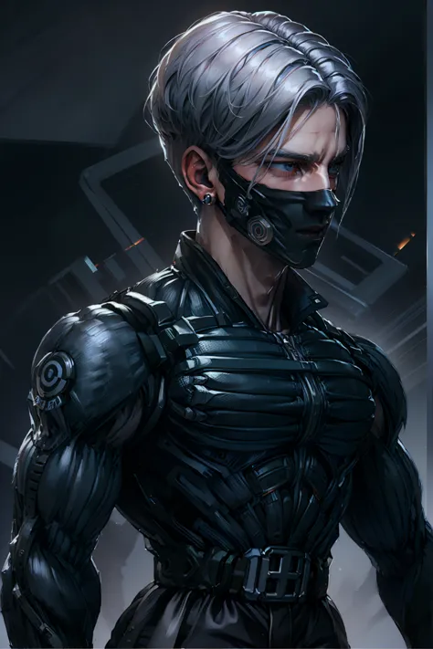 {best quality, 8k, masterpiece}, (realistic), [[male]], [[white hair]], ((middle part haircut)), (earrings), (mask)