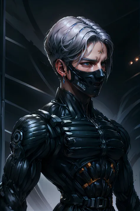 {best quality, 8k, masterpiece}, (realistic), [[male]], [[white hair]], ((middle part haircut)), (earrings), (mask)