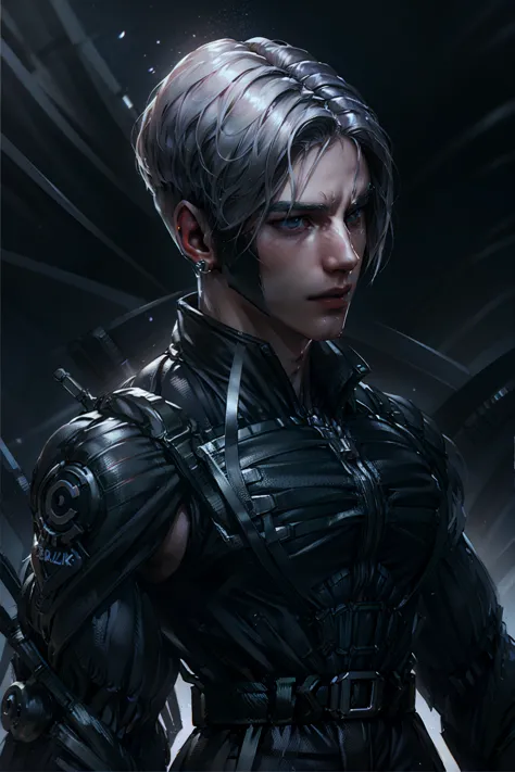 {best quality, 8k, masterpiece}, (realistic), [[male]], [[white hair]], ((middle part haircut)), (earrings), (mask)