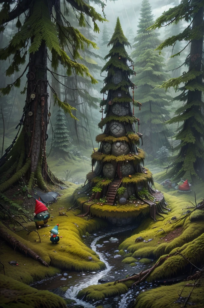 Forêt avec des gnomes, temps pluvieux et nuageux