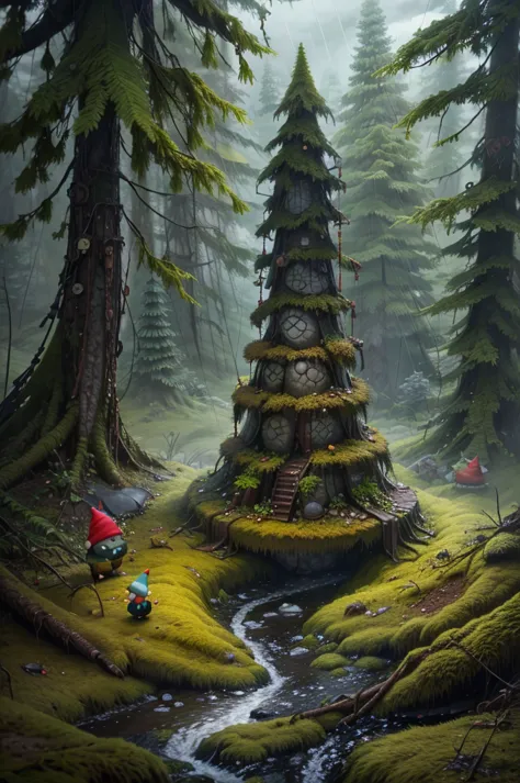 Forest with gnomes, rainy and cloudy weather