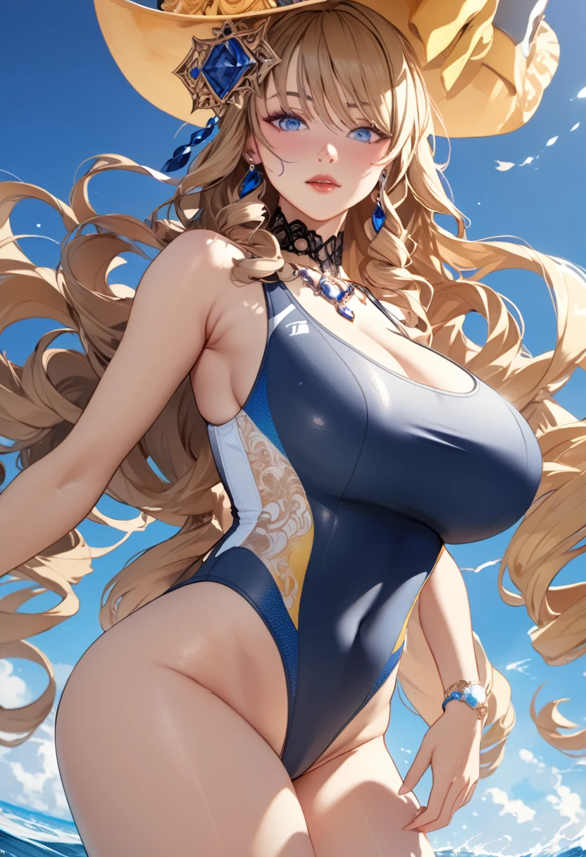 anime, ultra detailed, hyper detailed, best quality, highres, 4K , master piece, 1 female, 17-year-old,  Navia, competition swimsuit, gigantic, huge breast