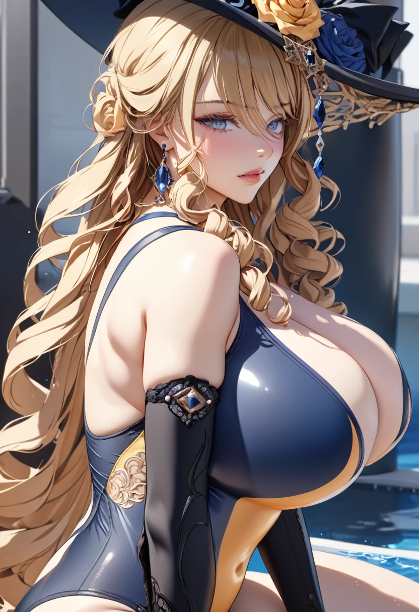 anime, ultra detailed, hyper detailed, best quality, highres, 4K , master piece, 1 female, 17-year-old,  Navia, competition swimsuit, gigantic, huge breast