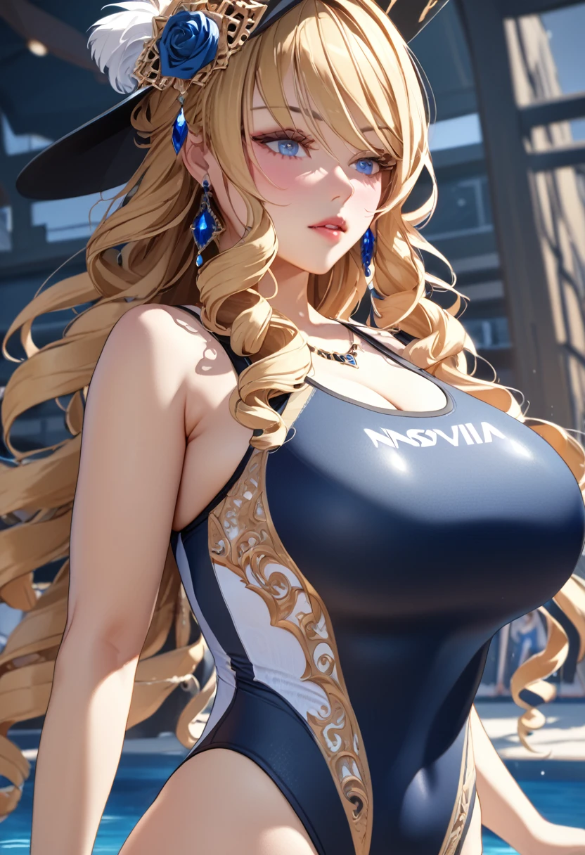 anime, ultra detailed, hyper detailed, best quality, highres, 4K , master piece, 1 female, 17-year-old,  Navia, competition swimsuit, gigantic, huge breast