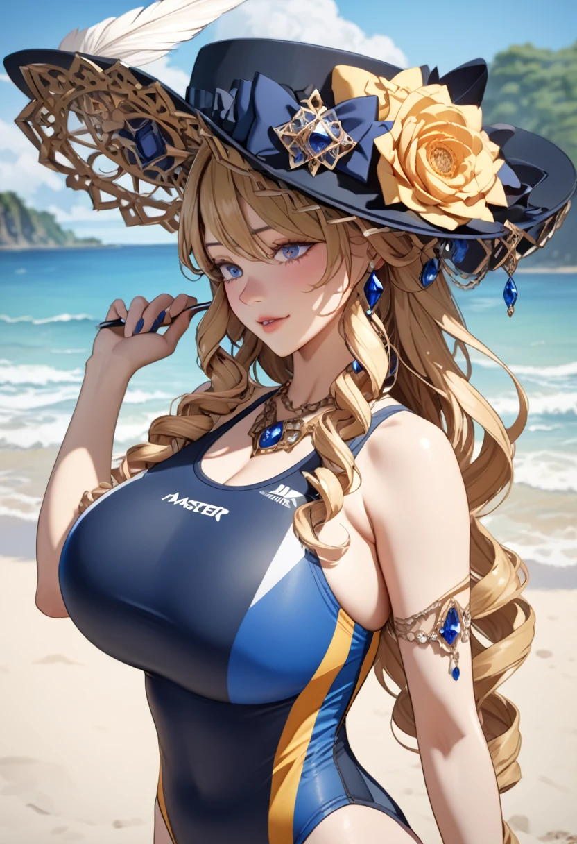 anime, ultra detailed, hyper detailed, best quality, highres, 4K , master piece, 1 female, 17-year-old,  Navia, competition swimsuit, gigantic, huge breast