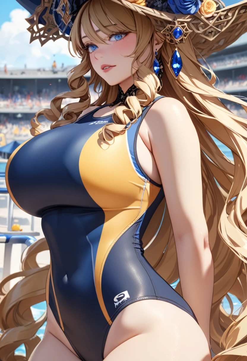 anime, ultra detailed, hyper detailed, best quality, highres, 4K , master piece, 1 female, 17-year-old,  Navia, competition swimsuit, gigantic, huge breast