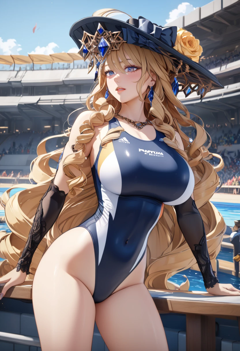 anime, ultra detailed, hyper detailed, best quality, highres, 4K , master piece, 1 female, 17-year-old,  Navia, competition swimsuit, gigantic, huge breast