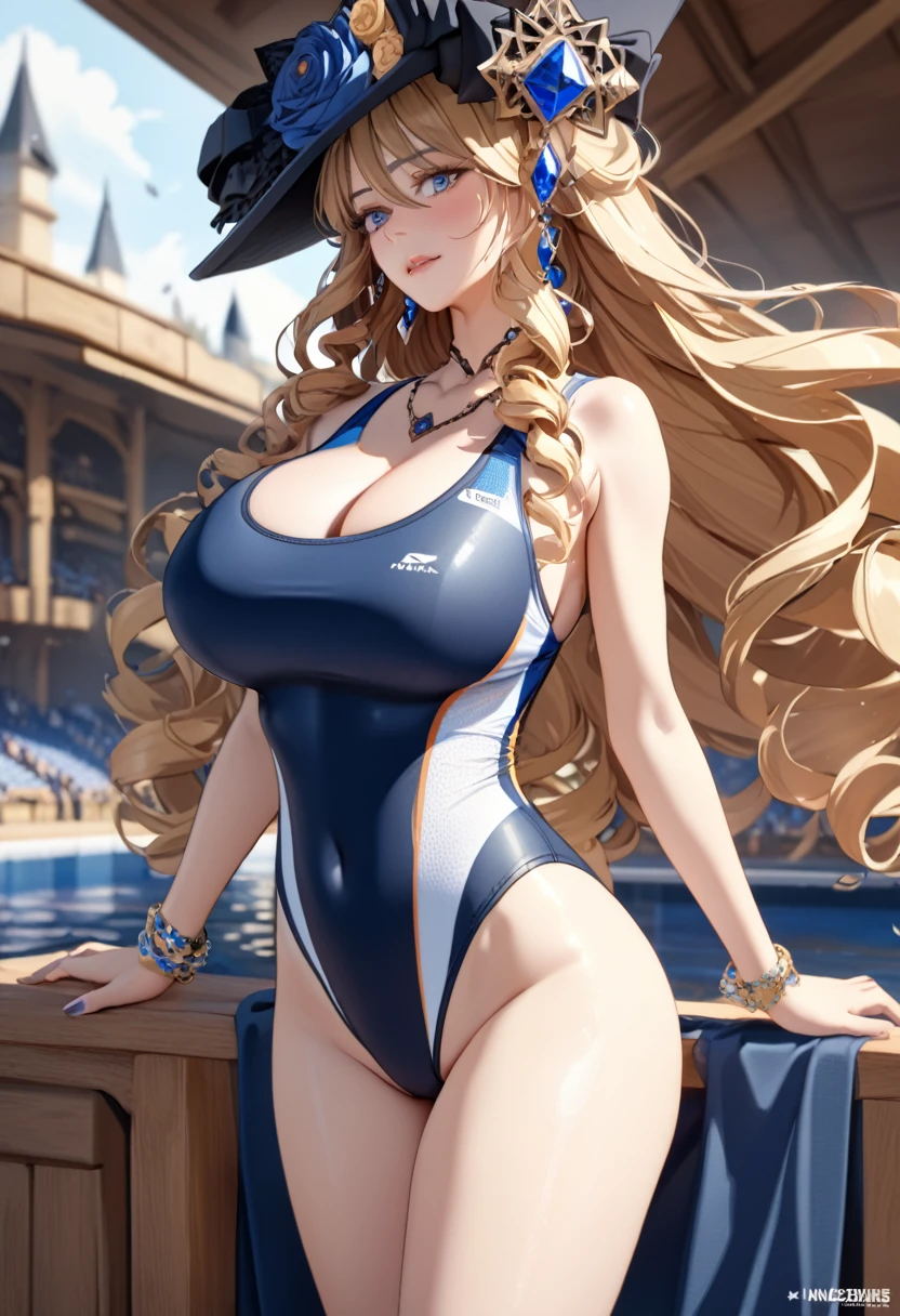 anime, ultra detailed, hyper detailed, best quality, highres, 4K , master piece, 1 female, 17-year-old,  Navia, competition swimsuit, gigantic, huge breast