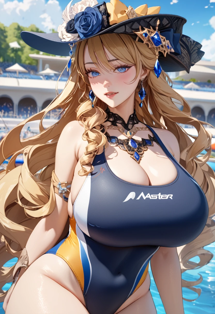 anime, ultra detailed, hyper detailed, best quality, highres, 4K , master piece, 1 female, 17-year-old,  Navia, competition swimsuit, gigantic, huge breast