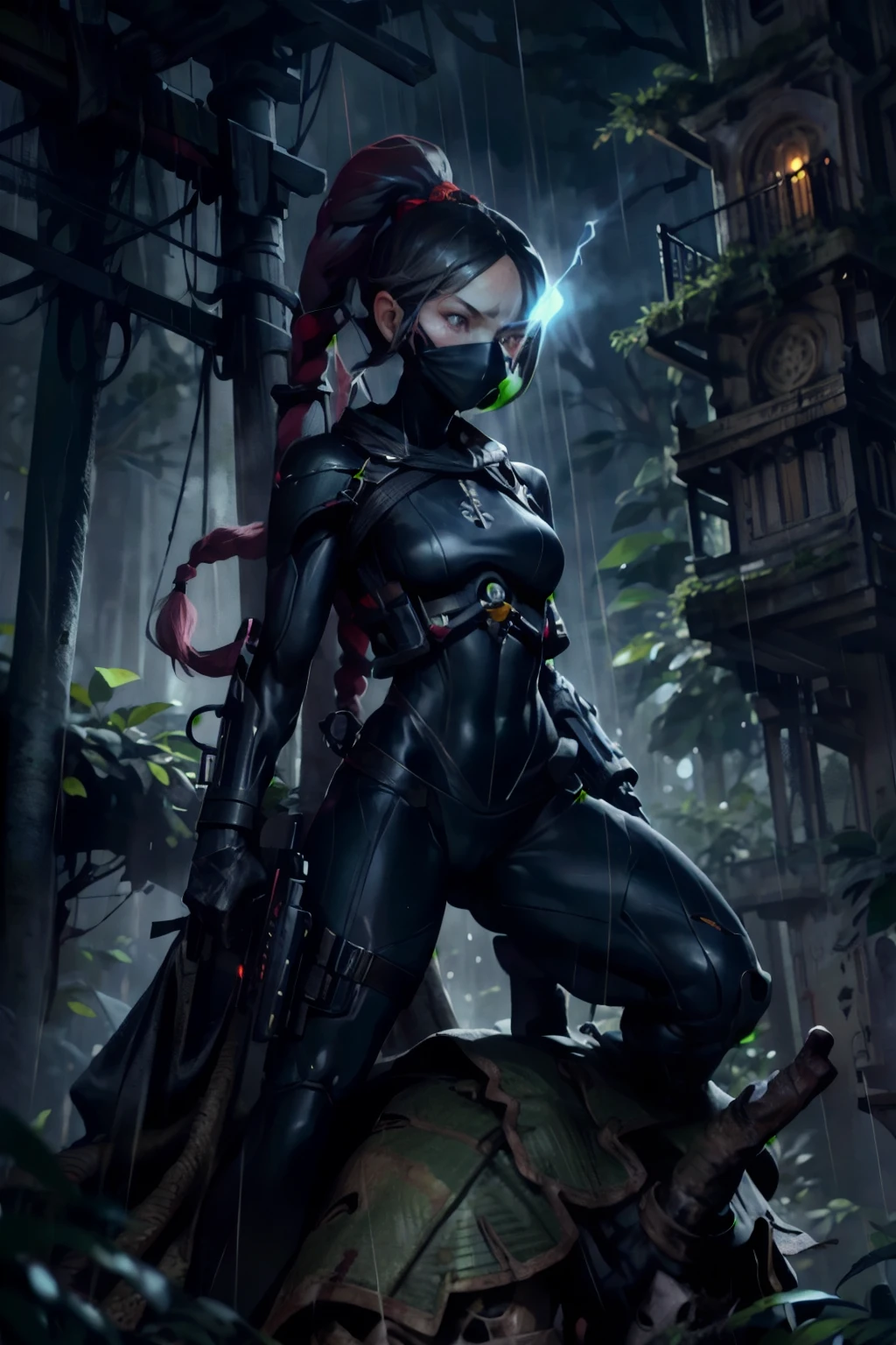 photo of , callidus, ((solo:1.3)), mask, braid, glowing eye, fully covered face,  black bodysuit, gun, skin-tight face mask,standing on top of tree, one knee by massive tree, lush jungle, dense jungle, rain forest, dark ambiance, night time, 