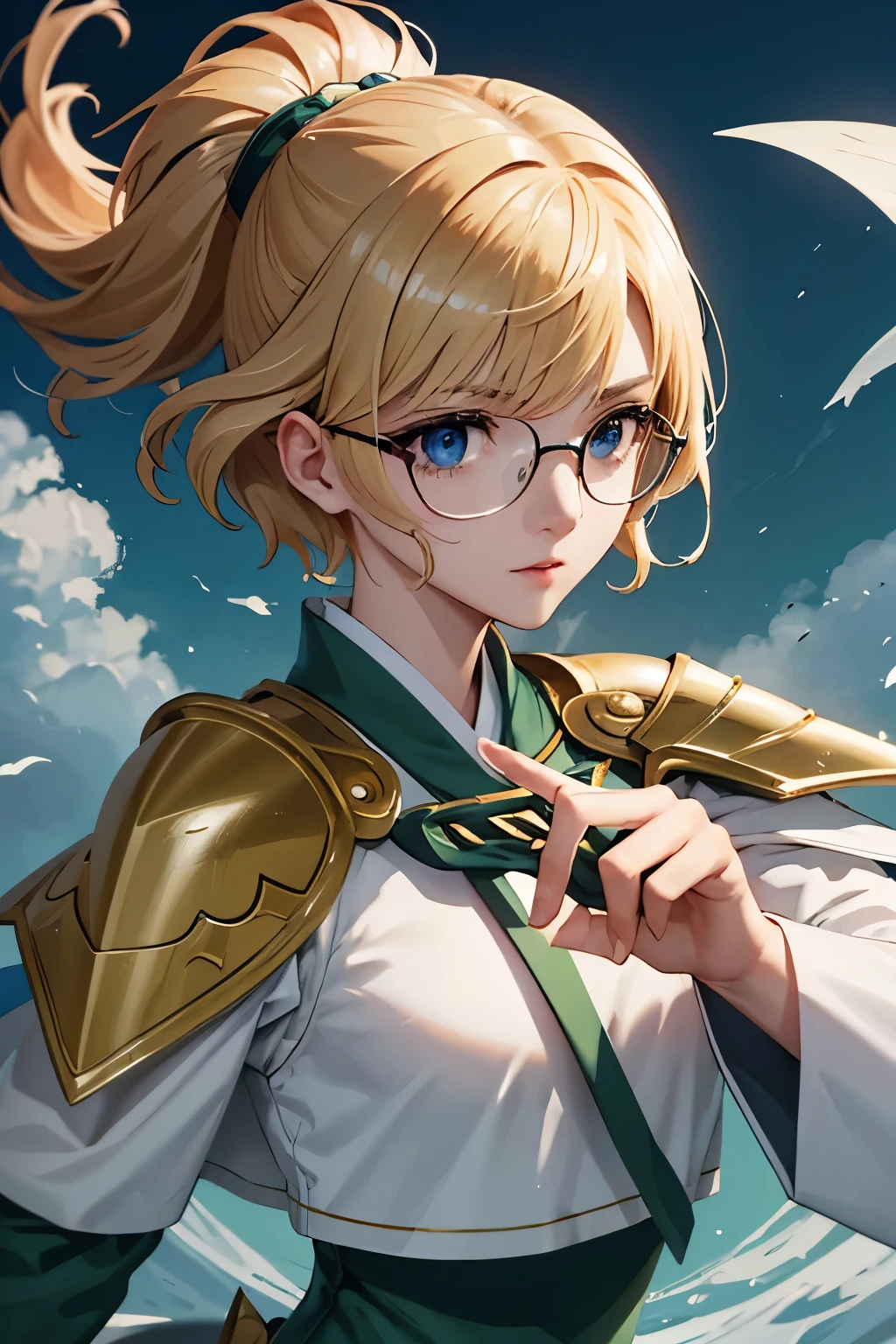 Fuu-Hououji、blonde、Bobcut、Glasseagic騎士レイアース"、Magic Knight、Green Sailor Suit、Green ilver Breastplate、White shoulder rest、White gauntlets、Long sword、（（（ＳＦＷ、sound、Highest quality、first-clasasterpiece、Normal body、8k、Detailed face、Ultra-precision、Normal hand、Normal finger、５Finger、Highest）））、whole body、Wind、magic、storm、Brandishing a sword、In combat、Serious