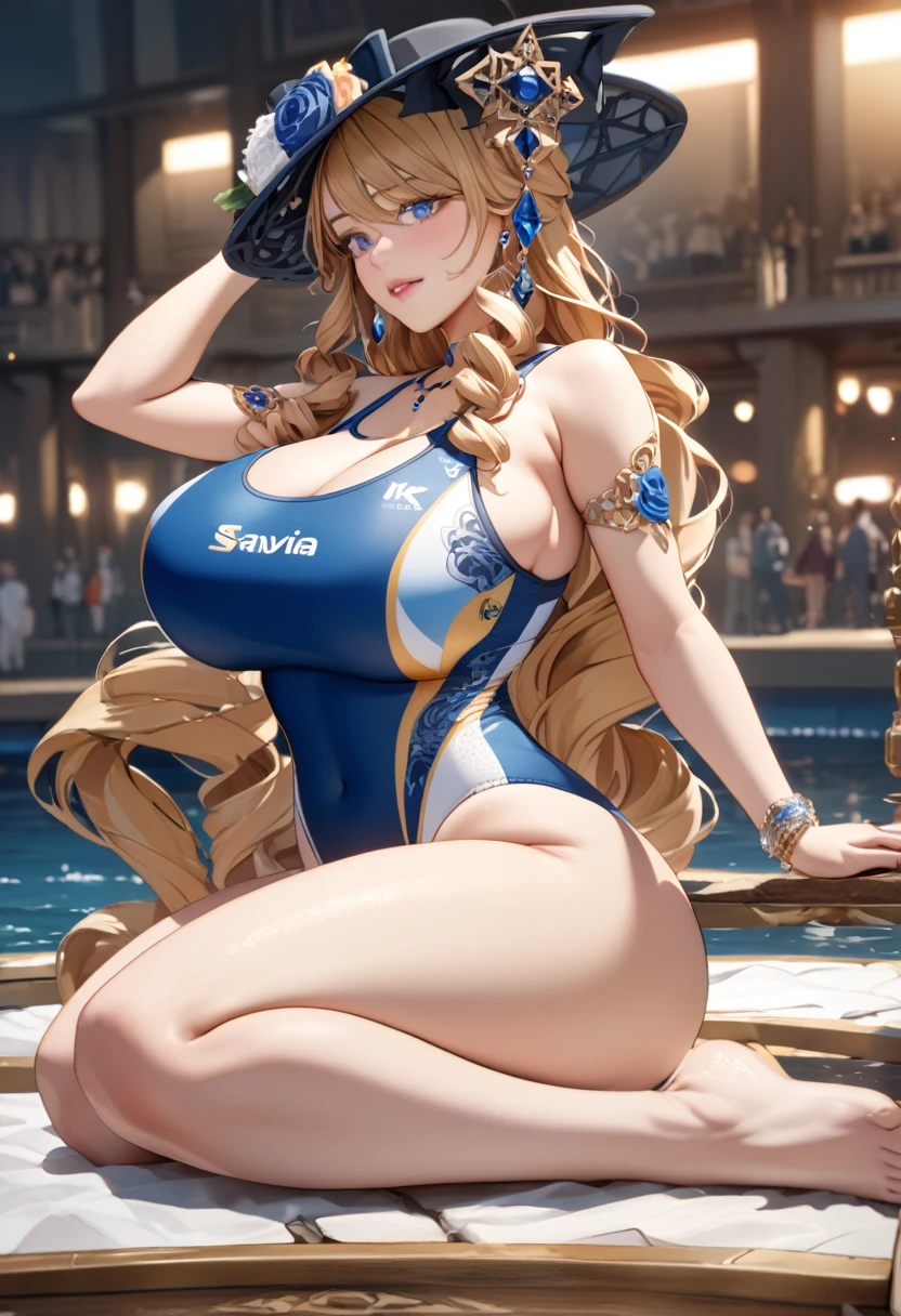 anime, ultra detailed, hyper detailed, best quality, highres, 4K , master piece, 1 female, 17-year-old,  Navia, competition swimsuit, gigantic, huge breast