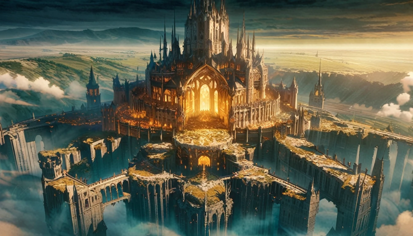  anime scenery, anime aestetics, gigantic castle, huge structure, medieval fantasy architecture, floating platforms, castle of final boss, holy fortress, very bright yellow bricks, epic structure, architectural masterpiece, elden ring fanart, elden ring architecture, dark fantasy, wide shot, from above, from outside, perspective, atmospheric perspective, highres, 8k, best quality, super detail, award winning, masterpiece