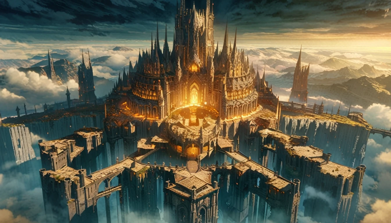  anime scenery, anime aestetics, gigantic castle, huge structure, medieval fantasy architecture, floating platforms, castle of final boss, holy fortress, very bright yellow bricks, epic structure, architectural masterpiece, elden ring fanart, elden ring architecture, dark fantasy, wide shot, from above, from outside, perspective, atmospheric perspective, highres, 8k, best quality, super detail, award winning, masterpiece