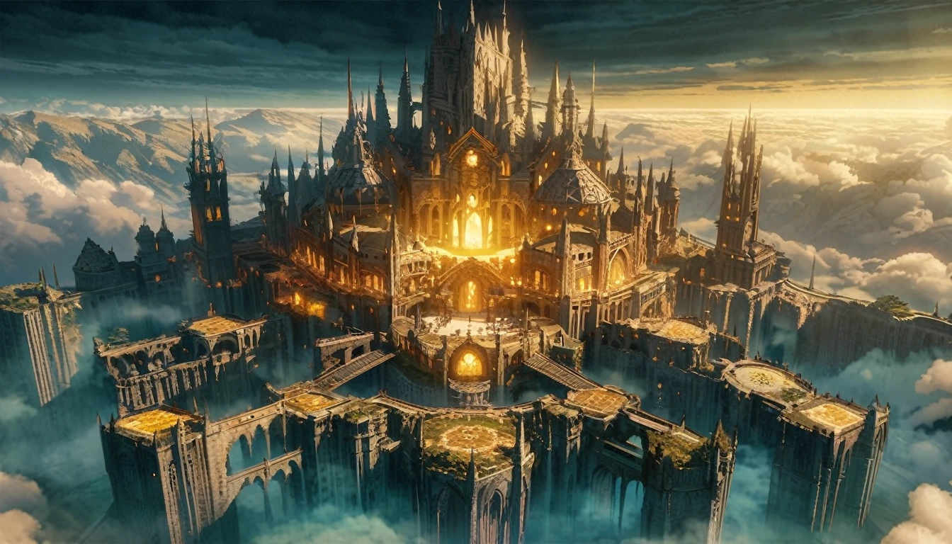  anime scenery, anime aestetics, gigantic castle, huge structure, medieval fantasy architecture, floating platforms, castle of final boss, holy fortress, very bright yellow bricks, epic structure, architectural masterpiece, elden ring fanart, elden ring architecture, dark fantasy, wide shot, from above, from outside, perspective, atmospheric perspective, highres, 8k, best quality, super detail, award winning, masterpiece