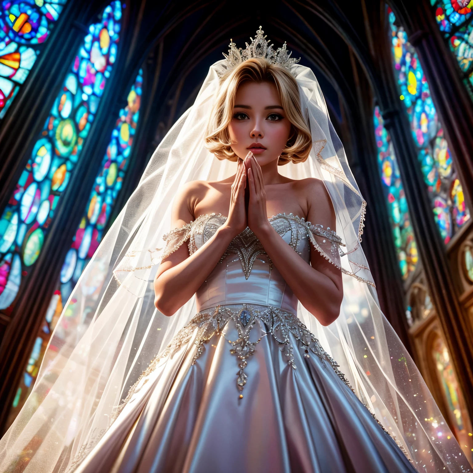 (White and Red) Grand Scale (Cathedral from below:1.28) ((ZoomLayer)) (TopQuality 8K (masterpiece (Professional photo))), (18yo((Grace Kelly))) (Detailed White WeddingDresses), Chain, (((Closeup of  detailed KAWAII face)with Veil)on Focused) {((VeiledFace))|BlondeHair|(Elaborate BuleEyes)with(SparklingHighlights:1.28)}, The background is distant (((Elaborate stained glass))) Rainbow Glass, {(MysticSight)|EnchantingAtmosphere|Haze|(GodRays)|TyndallEffect}, Radiant PearlSkin with Transparency, (Exposed:0.49) Corrected ChildishHand