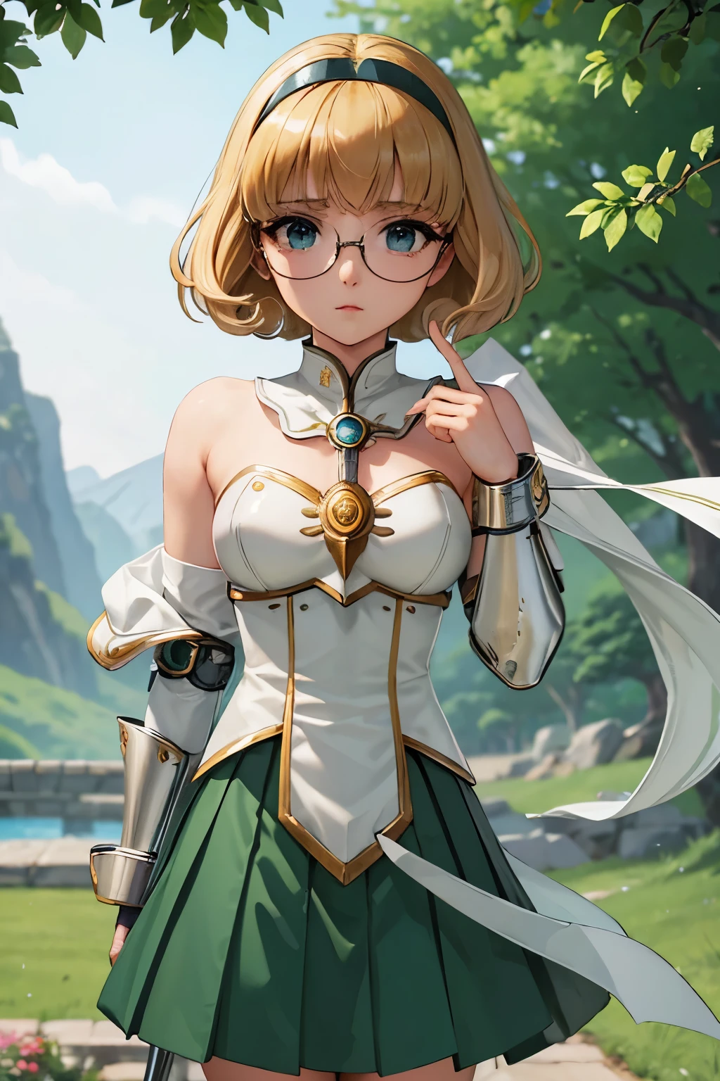 Fuu-Hououji、blonde、Bobcut、Glasseagic Knight Rayearth"、Magic Knight、Green Sailor Suit、Green ilver Breastplate、White shoulder rest、White gauntlets、Long sword、（（（ＳＦＷ、sound、Highest quality、first-clasasterpiece、Normal body、8k、Detailed face、Ultra-precision、Normal hand、Normal finger、５Finger、Highest）））、whole body、Wind、Skirt flipped up、I can see your pants、blush、Bondage、Constraints、Tied up with hands behind back、LockでBondage、Lock、Lockに繋がれている、Stuck