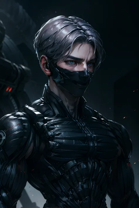 {best quality, 8k, masterpiece}, [grey hair], [middle part haircut], [male], (grey eyes), (tech mask)