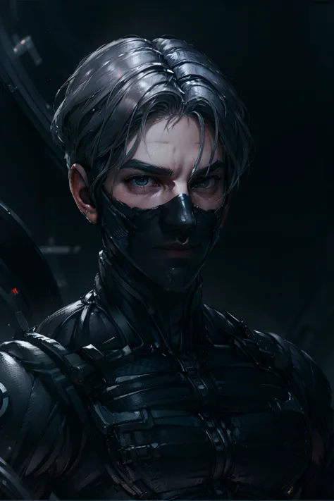 {best quality, 8k, masterpiece}, [grey hair], [middle part haircut], [male], (grey eyes), (tech mask)