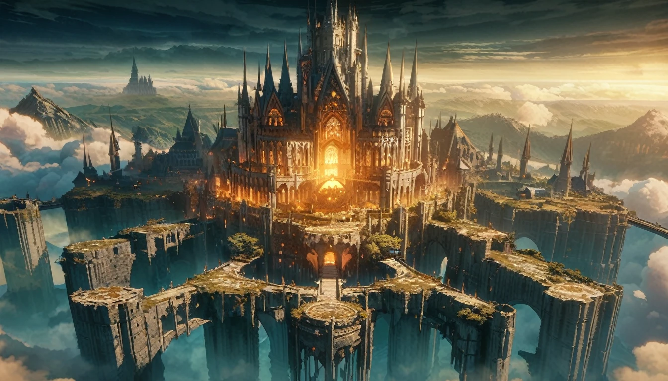  anime scenery, anime aestetics, gigantic castle, huge structure, medieval fantasy architecture, floating platforms, castle of final boss, shadow fortrest, very bright white bricks, epic structure, architectural masterpiece, elden ring fanart, elden ring architecture, dark fantasy, wide shot, from above, from outside, perspective, atmospheric perspective, highres, 8k, best quality, super detail, award winning, masterpiece