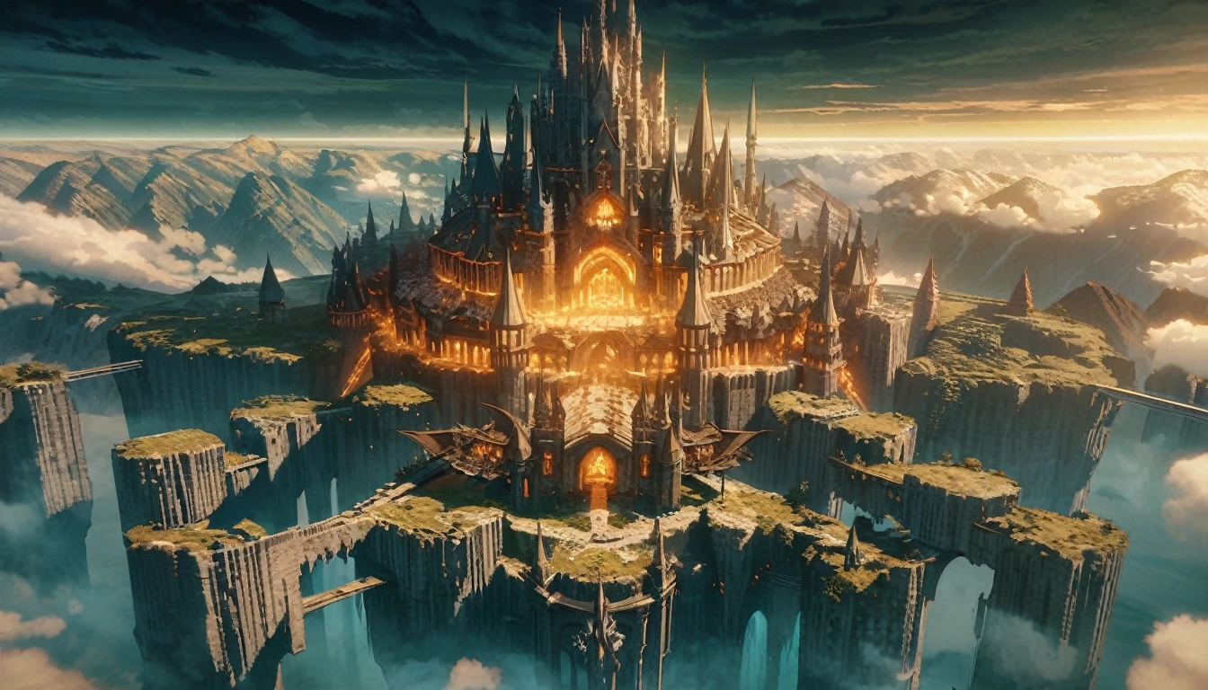  anime scenery, anime aestetics, gigantic castle, huge structure, medieval fantasy architecture, floating platforms, castle of final boss, shadow fortrest, very bright white bricks, epic structure, architectural masterpiece, elden ring fanart, elden ring architecture, dark fantasy, wide shot, from above, from outside, perspective, atmospheric perspective, highres, 8k, best quality, super detail, award winning, masterpiece