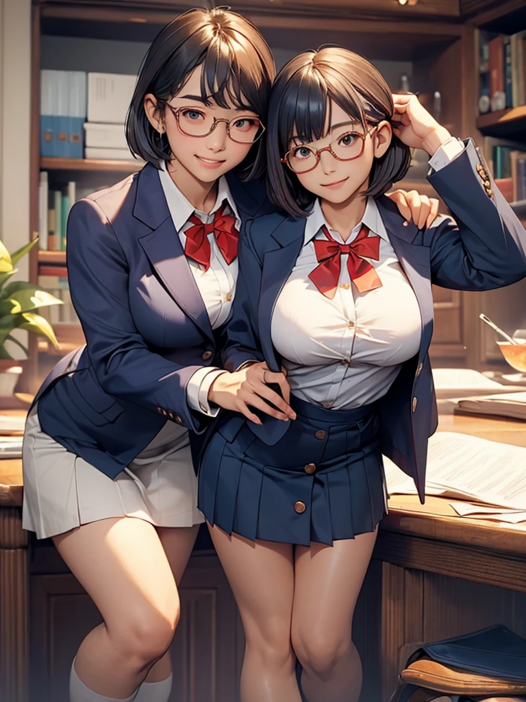 Highest quality、masterpiece、、Very detailed、Realistic、(Two Girls)、(Looking at me with a mischievous smile)、whole body、Small face、Narrow shoulders、(Big Breasts:1.4)、Slim and beautiful legs、Tight and slim waist、 uniform、(Navy blue blazer jacket)、(A tight white shirt with buttons and a collar:1.2)、(Navy blue mini skirt:1.1)、(Red bow tie)、short hair、(Leaning forward:1.6)、Glasses