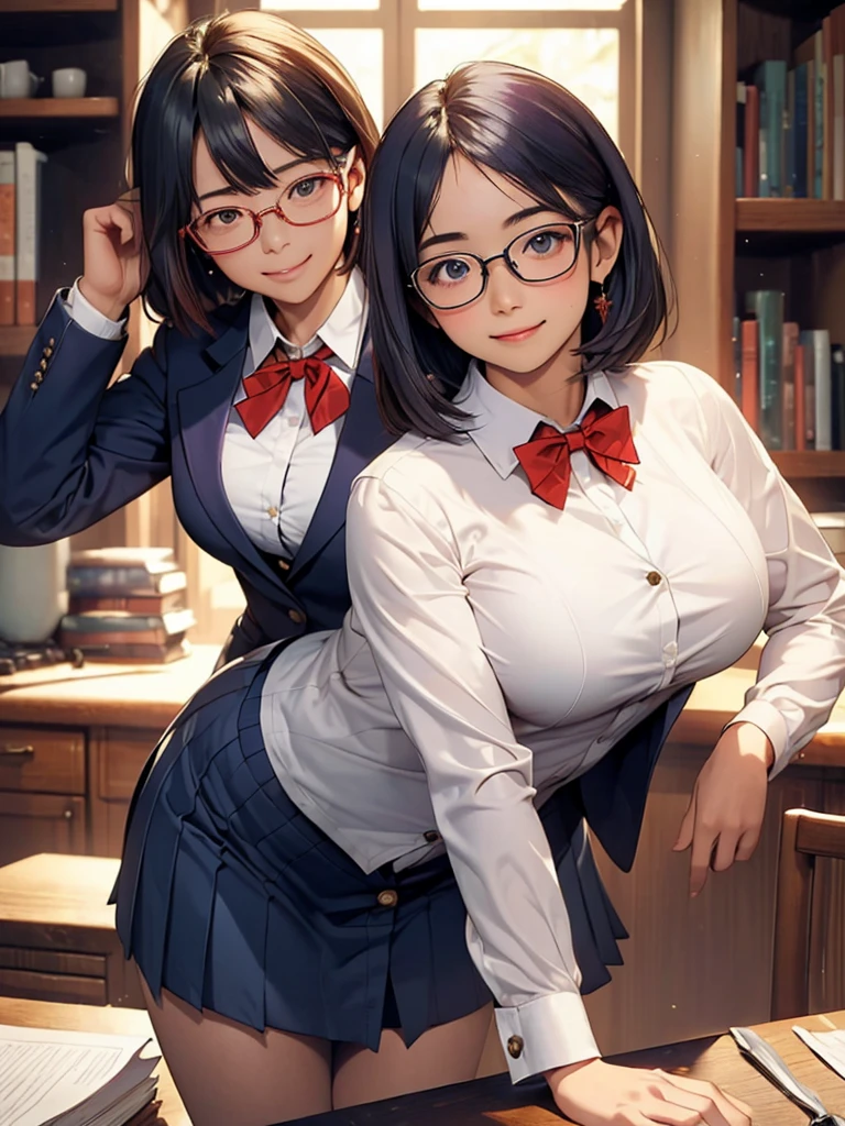 Highest quality、masterpiece、、Very detailed、Realistic、(Two Girls)、(Looking at me with a mischievous smile)、whole body、Small face、Narrow shoulders、(Big Breasts:1.4)、Slim and beautiful legs、Tight and slim waist、 uniform、(Navy blue blazer jacket)、(A tight white shirt with buttons and a collar:1.2)、(Navy blue mini skirt:1.1)、(Red bow tie)、short hair、(Leaning forward:1.6)、Glasses