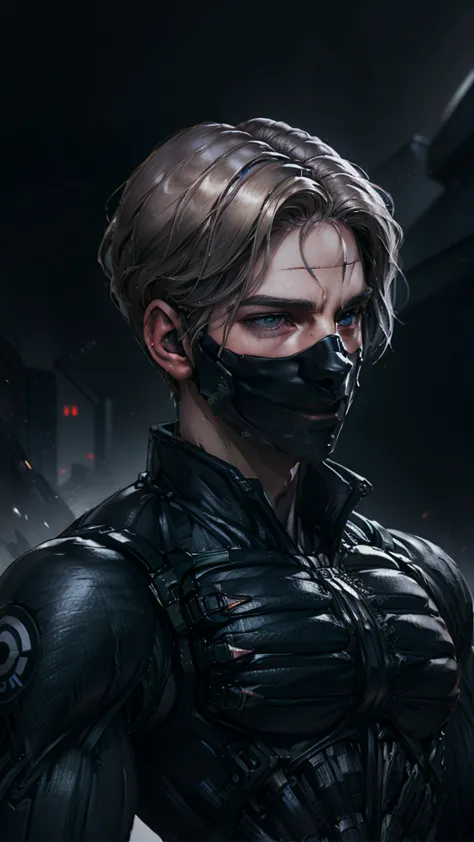 {best quality, 8k, masterpiece}, [blonde hair], [middle part haircut], [male], (grey eyes), (tech mask)