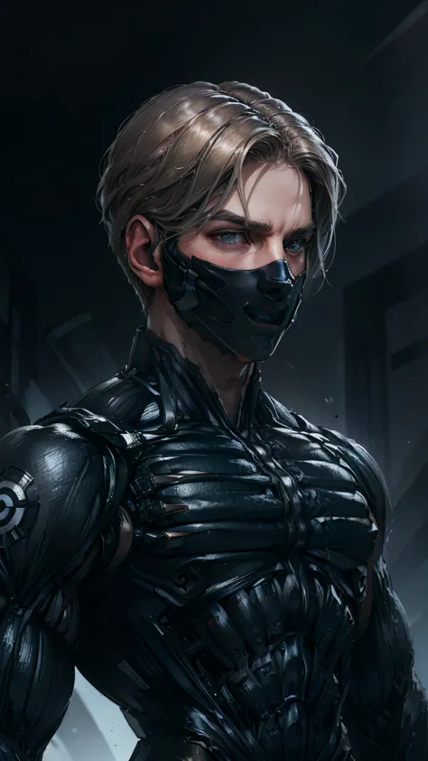 {best quality, 8k, masterpiece}, [blonde hair], [middle part haircut], [male], (grey eyes), (tech mask)