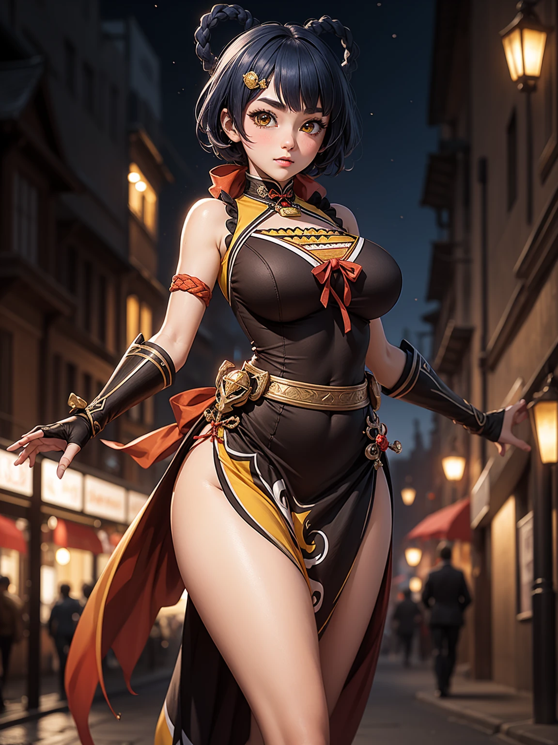 Masterpiece, high quality, blurry background, hd, 4k, night,xianglingdef, (gigantic breasts), outdoors, standing, blush, looking at viewer, dynamic poses, 