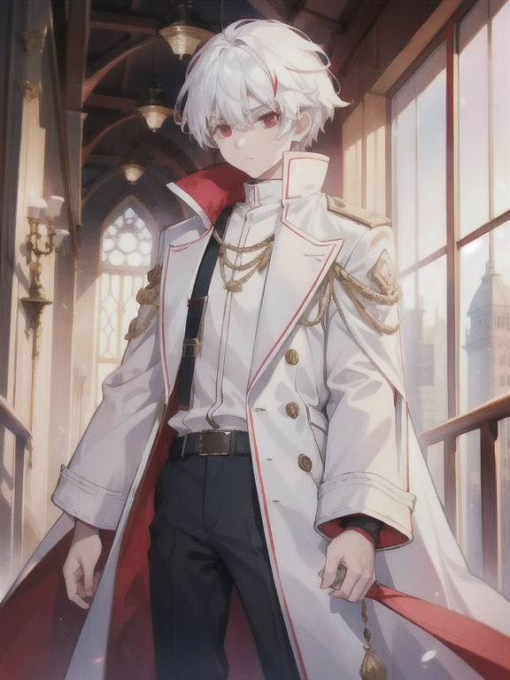 A young boy with red eyes, white  hair,long and big coat,a white blouse with elegant details,