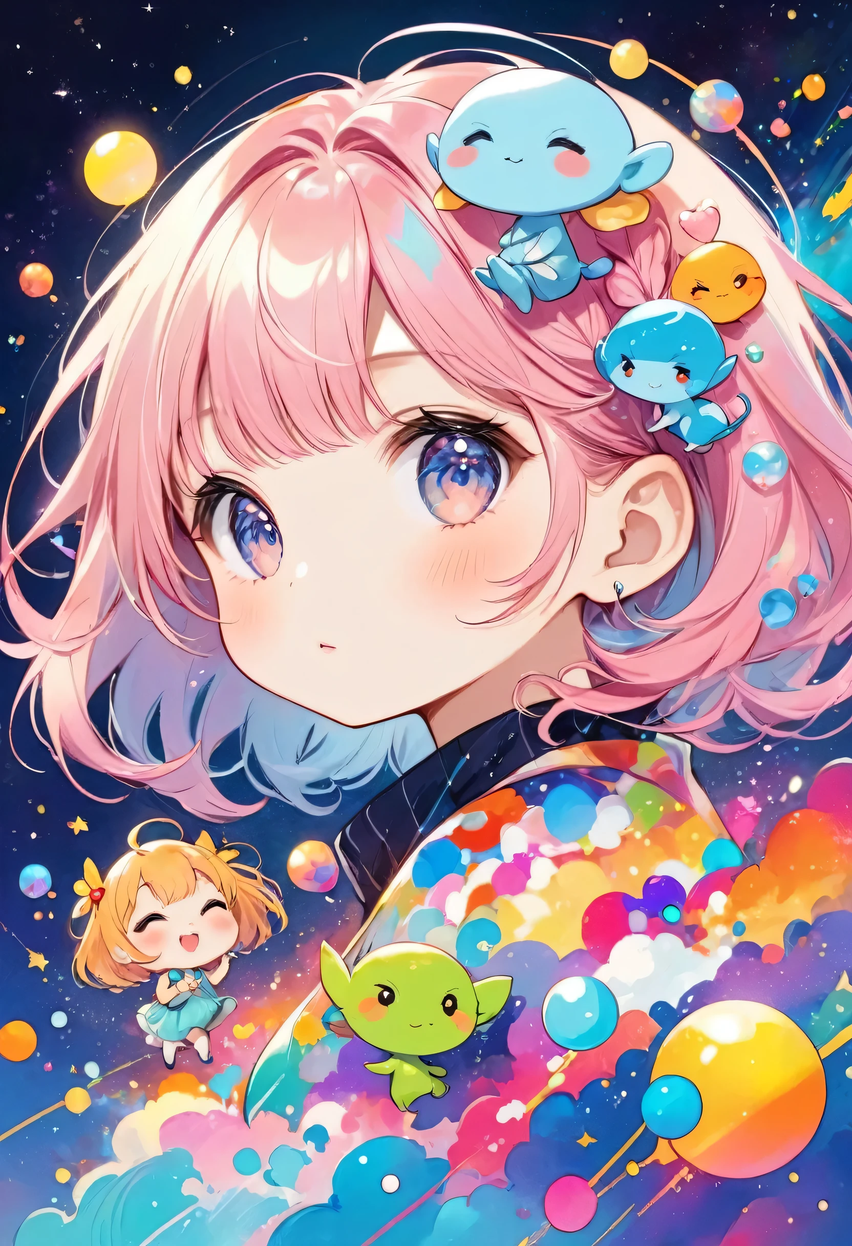 Mika Pikazo colorfull style, Simple Line Initialism，Abstract art，(((The most beautiful girl of all time))), (((chibi))), Sweet face. colorful hearts, funny design, (((bosom buddy ))), (((Cute Aliens))), The background is space