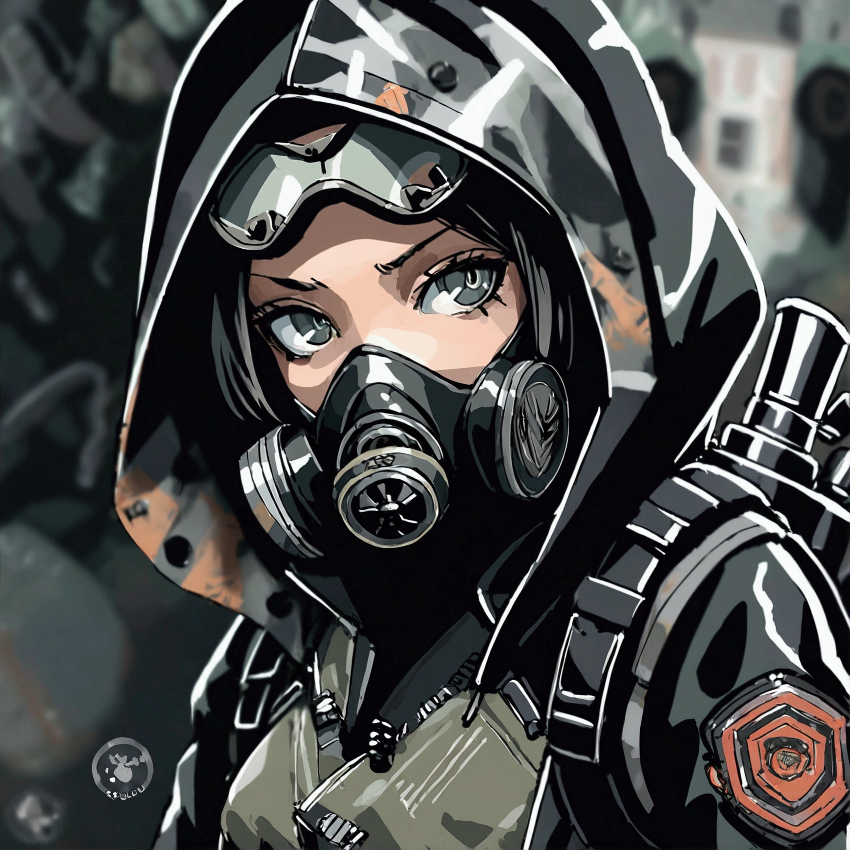 ((mejor calidad)), ((obra maestra)), (detallado), 1 chica, Female, black hood, gas mask, black jacket, bulletproof vest and green vest. Black tactical backpack. Post apocalyptic style, cold eyes, cold gaze, narrow eyes, very narrow eyes, annoyed expression. cold stare