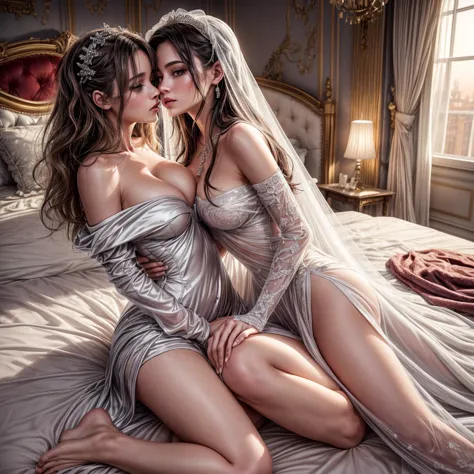 two woman kissing,full body picture  in the castle's bedroom,glamour, fashion photo, vogue magazine, beautiful, 18 years old, gi...