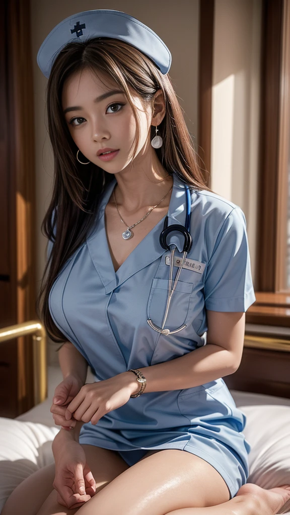 (32K:1.9, Highest quality, masterpiece, Ultra-high resolution), Professional camera work:1.6, Very detailedな肌と顔の質感:1.3, Always accurate, Very detailed, ((23 years old, New Nurse, A dark hospital room:1.4, The moonlight at night illuminates the room:1.2)), (Big breasts on the verge of collapse, Tight nurse uniform:1.3, Incredibly slim body), Fair skin, elegant, sense of cleanliness, Charm, Heartful, Fancy, Sensual pose, (Big eyes that exude beautiful eroticism:0.4, A shy smile:1.0, I love you with all my heart:0.8, Please open your mouth a little, lipstick, Feel the beautiful eroticism:0.9), (Dark brown medium hair), Stethoscope, Earrings, necklace, bracelet, (romantic, mysterious), Object of admiration, original, dramatic, artistic, Innovative, sense of openness, special, exciting, Extreme, Tilt, sense of loss, sorrow, sorrowの表現, ((The charm of youth, Feminine charm))
