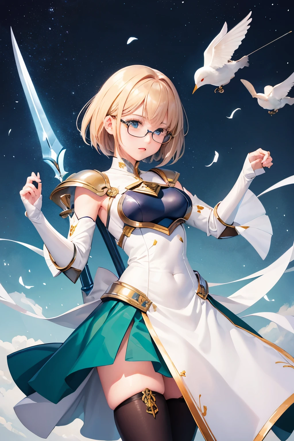 Fuu-Hououji、blonde、Bobcut、Glasseagic Knight Rayearth"、Magic Knight、Green Sailor Suit、Green ilver Breastplate、White shoulder rest、White gauntlets、Long sword、（（（ＳＦＷ、sound、Highest quality、first-clasasterpiece、Normal body、8k、Detailed face、Ultra-precision、Normal hand、Normal finger、５Finger、Highest）））、whole body、Wind、Skirt flipped up、I can see your pants、blush、Bondage、Constraints、LockでBondage、Lock、Lockに繋がれている、Stuck、磔Constraints、Crucified、十字架にConstraints、両手を大きく広げて十字架にConstraints