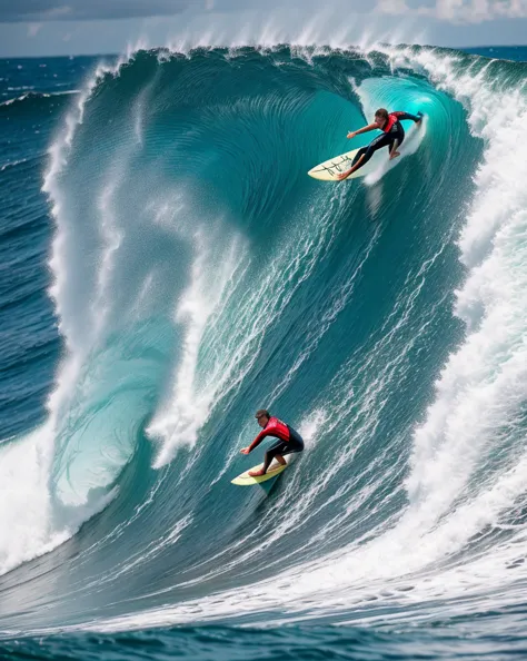 a surfer riding a giant wave, detailed beautiful ocean scenery, dramatic lighting, photorealistic, cinematic, dynamic compositio...