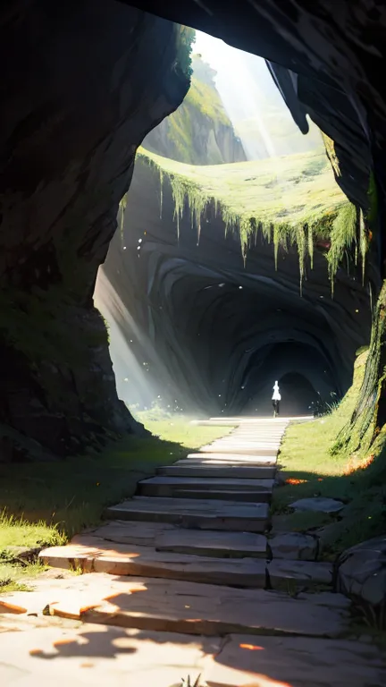 a mysterious cave with delicate light streaming in