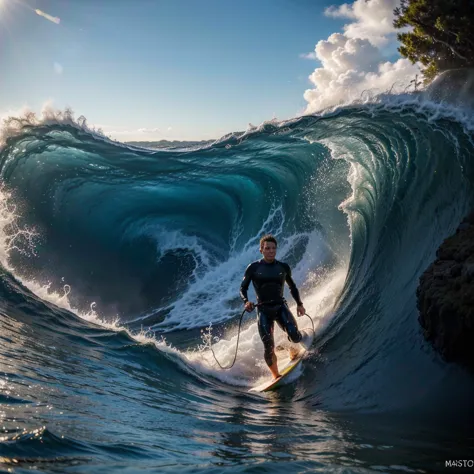 a surfer riding a large ocean wave, detailed water, crashing waves, dramatic sky, sun glare, splashing water, ocean mist, wet su...