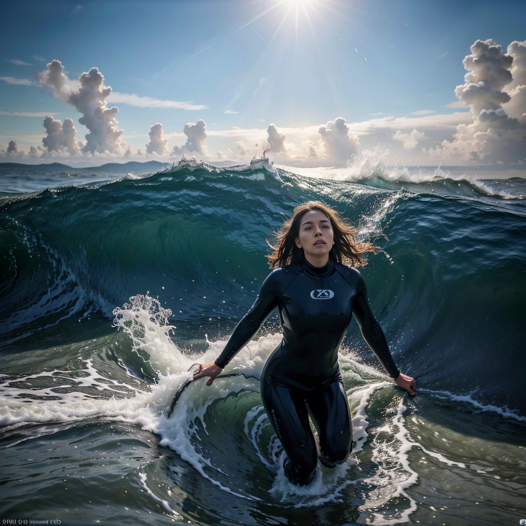 a surfer riding a large ocean wave, detailed water, crashing waves, dramatic sky, sun glare, splashing water, ocean mist, wet suit, dynamic pose, extreme action, (best quality,4k,8k,highres,masterpiece:1.2),ultra-detailed,(realistic,photorealistic,photo-realistic:1.37),dramatic lighting,cinematic composition,vibrant colors,epic scale