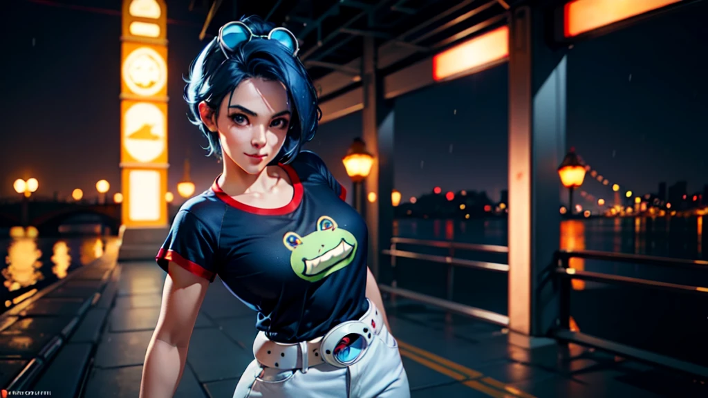 (at night), in a video game scene, a background of a beautiful city during the day raining, standing at attention, semi-short blue hair, blouse with an anime frog face, white flared pants, wearing blue fingerless exercise gloves, has round goggles on her head, huge belt with a round eyeglass, ((blue hair)), 1 girl, alone, 20 years old, young woman, perfect hands, beautiful fingers, beautiful long legs, beautiful body, beautiful nose, beautiful design of characters, perfect face, looking at the viewer with serious gesture (focusing on his face), closed mouth, Light_Smile, official art, extremely detailed CG unity 8k wallpaper, perfect lighting, bright and colorful front lighting, glowing skin (masterpiece : 1.0), (best_quality: 1.0), ultra high resolution, 4K, ultra detailed photography, 8K, HDR, high resolution, nonsense:1.2, Kodak portra 400, film grain, background blur, bokeh:1.2, lens flare, (vibrant_color:1.2), professional photography, (beautiful_face: 1.5), (narrow waist),
