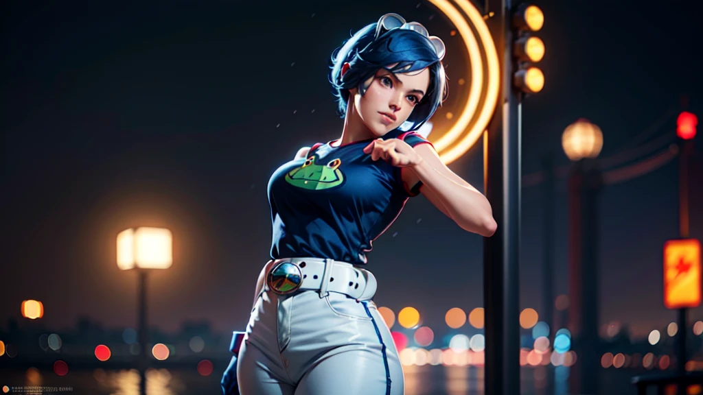 (at night), in a video game scene, a background of a beautiful city during the day raining, standing at attention, semi-short blue hair, blouse with an anime frog face, white flared pants, wearing blue fingerless exercise gloves, has round goggles on her head, huge belt with a round eyeglass, ((blue hair)), 1 girl, alone, 20 years old, young woman, perfect hands, beautiful fingers, beautiful long legs, beautiful body, beautiful nose, beautiful design of characters, perfect face, looking at the viewer with serious gesture (focusing on his face), closed mouth, Light_Smile, official art, extremely detailed CG unity 8k wallpaper, perfect lighting, bright and colorful front lighting, glowing skin (masterpiece : 1.0), (best_quality: 1.0), ultra high resolution, 4K, ultra detailed photography, 8K, HDR, high resolution, nonsense:1.2, Kodak portra 400, film grain, background blur, bokeh:1.2, lens flare, (vibrant_color:1.2), professional photography, (beautiful_face: 1.5), (narrow waist),
