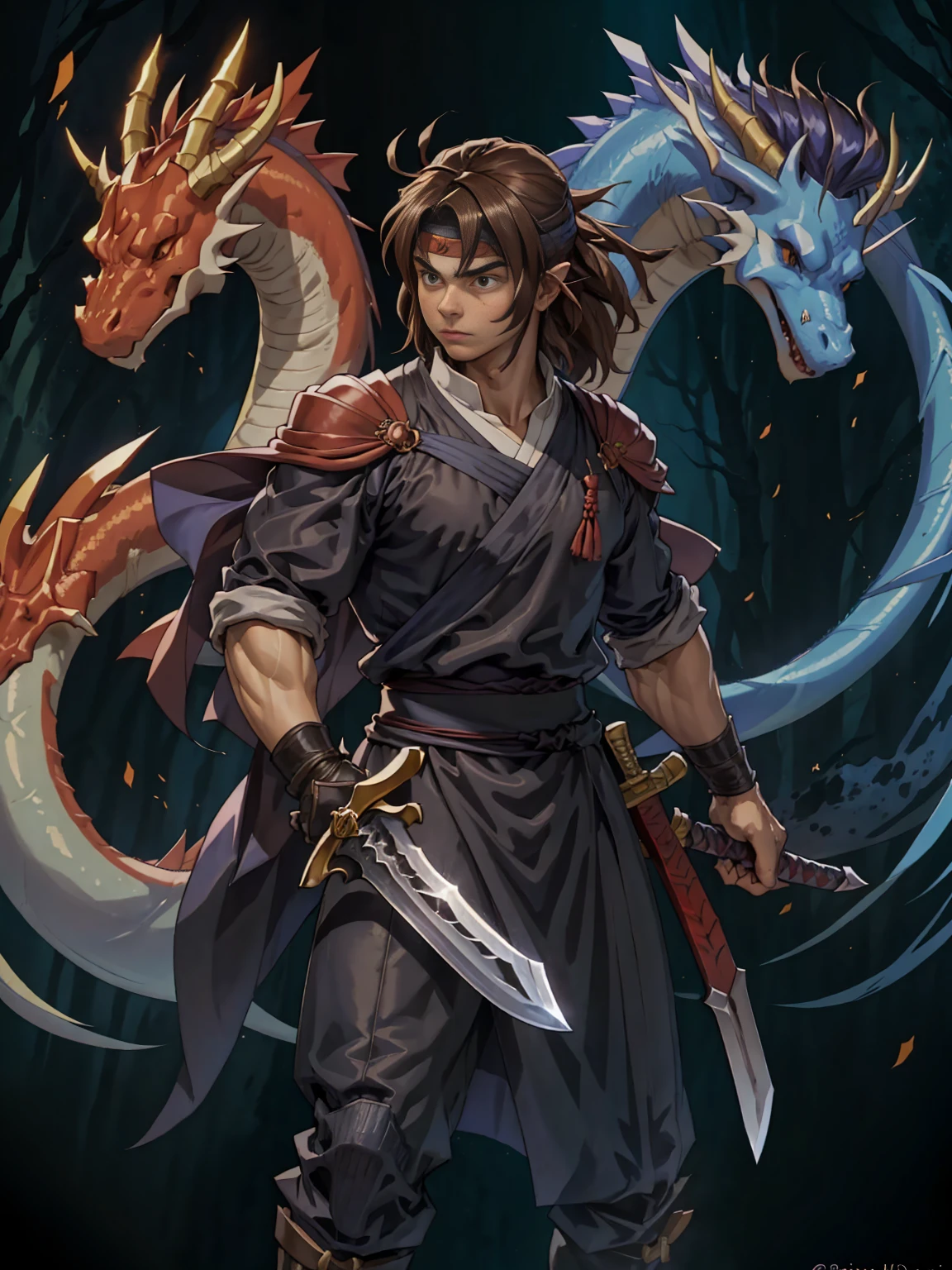 Huge muscles,Huge penis,Ashton,Robe,Two Dragons,紫のRobeに青いマント,Black Bandana,Her hair is chestnut brown and medium-long and straight.,Carrying a sword