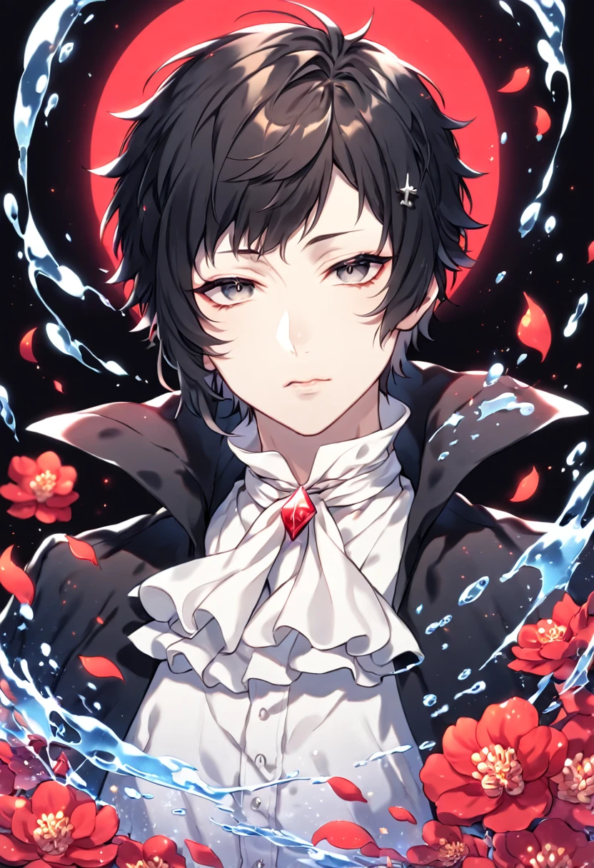 absurdres, highres, ultra detailed, HDR, master piece, Akutagawa Ryuonosuke, black hair, expressive gray eyes, white cravat, black coat with high collar, white shirt, Bungou Stray Dogs, sexy man, handsome, best quality, red glittering crescent moon, red flowers, fantasy, magical, solo, water, red shining fireflies, red petals, sensual