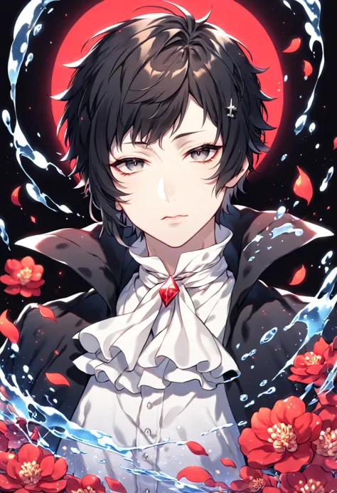 absurdres, highres, ultra detailed, HDR, master piece, Akutagawa Ryuonosuke, black hair, expressive gray eyes, white cravat, bla...