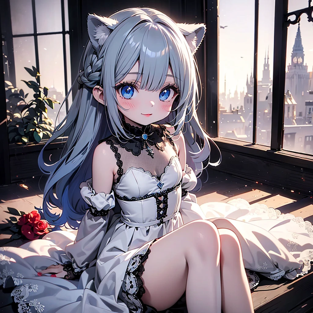 silver hair, dog ears, white dress,wavy hair,delicate features quiet gaze,beautiful half body illustration,beautiful backgraund,atmospheric lighting,sharp focus,vlumetric lighting,cute face,reduce saturation,fine detailed face,small nose and mouth,volumetric top lighting,bold line painting, soft shadow,((masterpiece, best quality)), (1girl), (solo), (female focus),small breasts,flat tits,Lolita,short height,skinny girl,blue eyes,open legs,animal ears,
