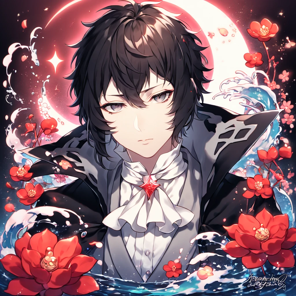 absurdres, highres, ultra detailed, HDR, master piece, Akutagawa Ryuonosuke, black hair, expressive gray eyes, white cravat, black coat with high collar, white shirt, Bungou Stray Dogs, sexy man, handsome, best quality, red glittering crescent moon, red flowers, fantasy, magical, solo, water, red shining fireflies, red petals, sensual, rashomon