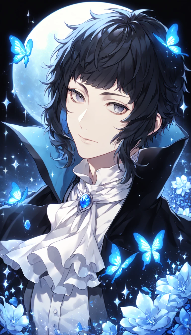 absurdres, highres, ultra detailed, HDR, master piece, best quality, extremely detailed, Akutagawa Ryuonosuke, black hair, long side bangs, expressive gray eyes, Bungou Stray Dogs, solo, sexy man, handsome, mature face, black coat with high collar, white shirt, white cravat, fantasy, magic, sparkling, water, blue moon, blue flowers, blue butterflies, blue petals, garden